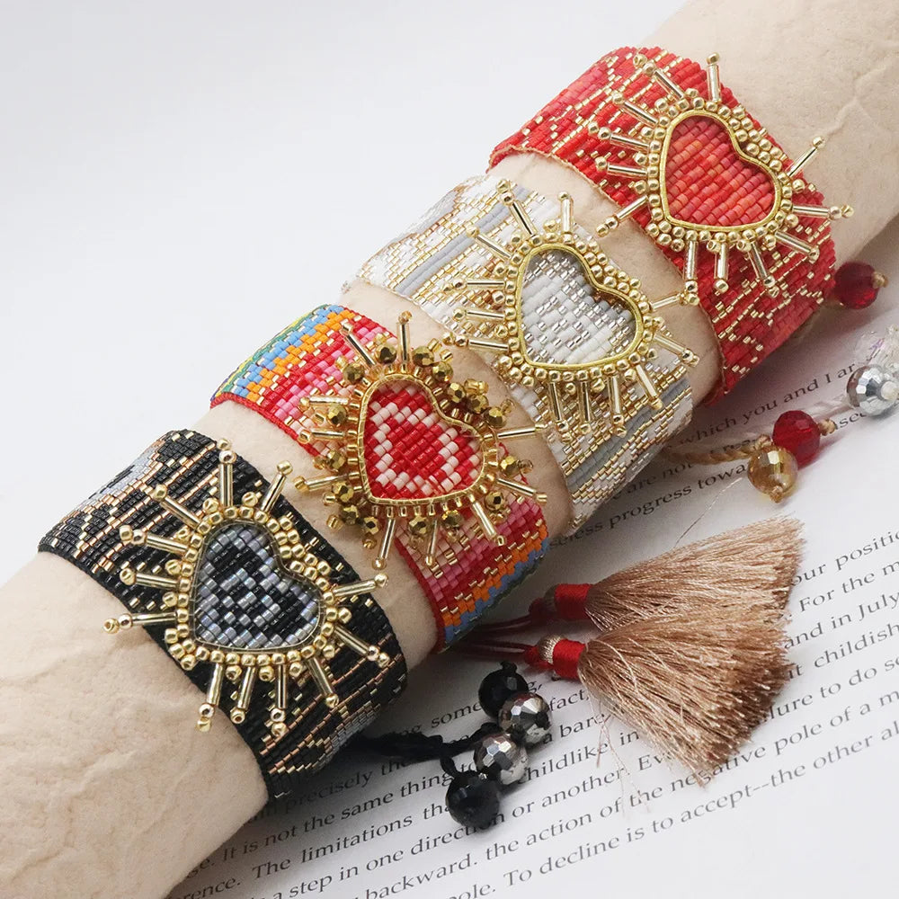 2023 New Bohemian Beads Heart Bracelet Black Red White Miyuki Beads Bracelet Wide Handmade Tassel Bracelet for Women