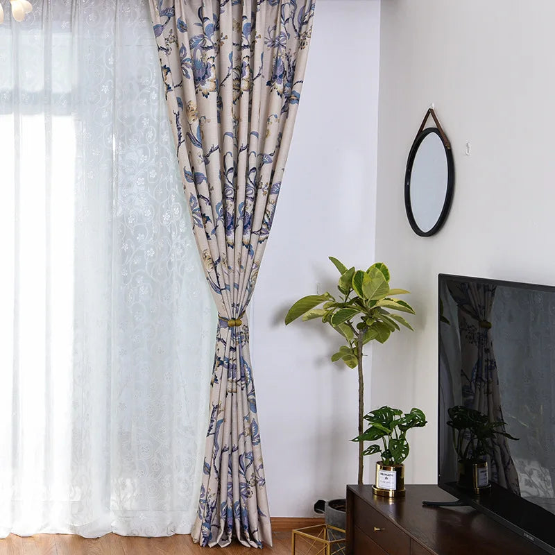 Wholesale Linen Look Blackout Tree Flower Printed Living Room Bedroom Decorative Modern Fabric Roll Window Curtain