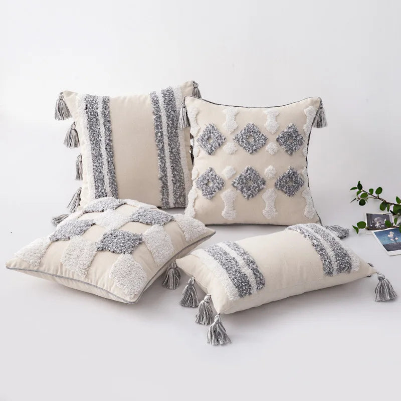 Tufted Decorative Boho Lumbar Pillow Cover for Couch Sofa Woven Cushion Cover with Tassels Moroccan Style Pillow Case