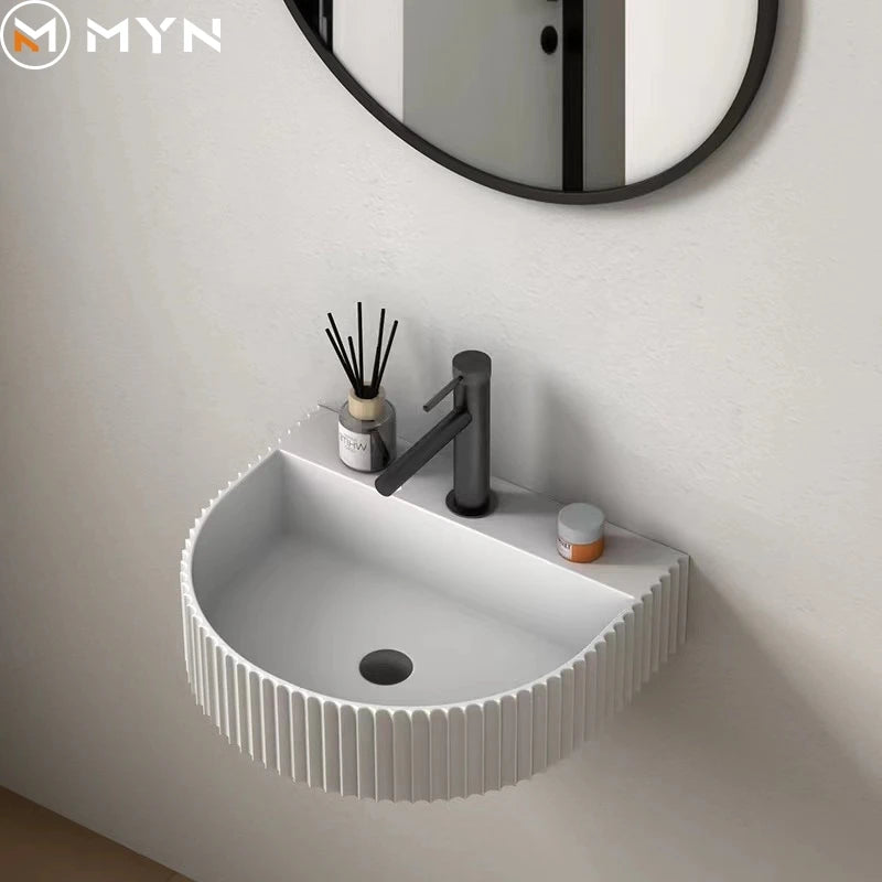 Chinese Factory  European Style Wall Hung Simple Design Sink Basin Fashion Bathrooms  Groove Flute Artificial Stone  Washbasins