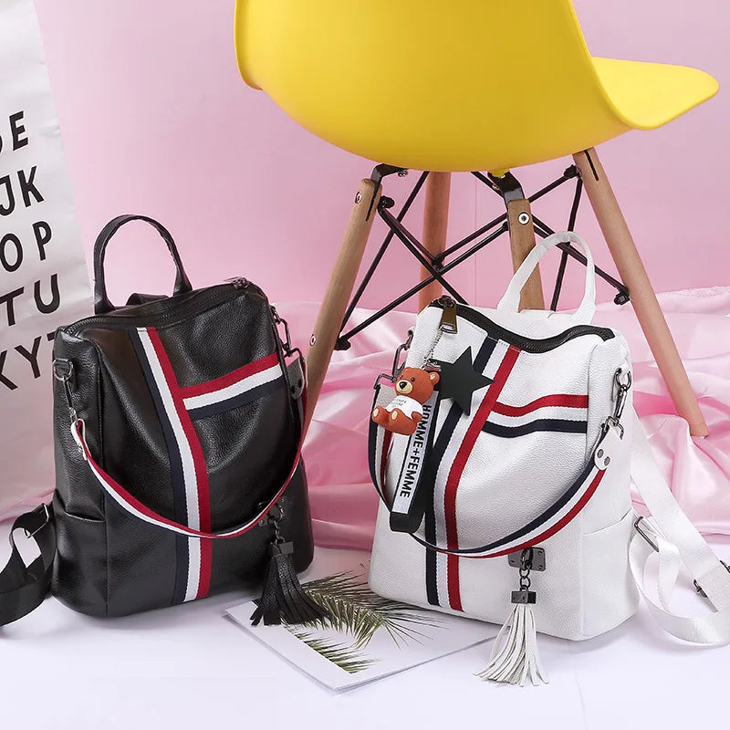 Wholesale Korean Tassel Striped White PU Leather Women's Backpack with Accessory