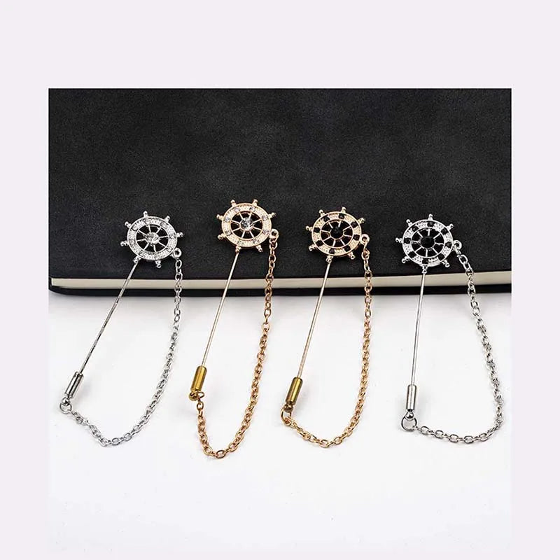 Retro Fashion Suit blazer Tassel Chain Shiny Diamond Crystal Rhinestones Anchor Needle Collar Lapel Pin Long Brooch for Men