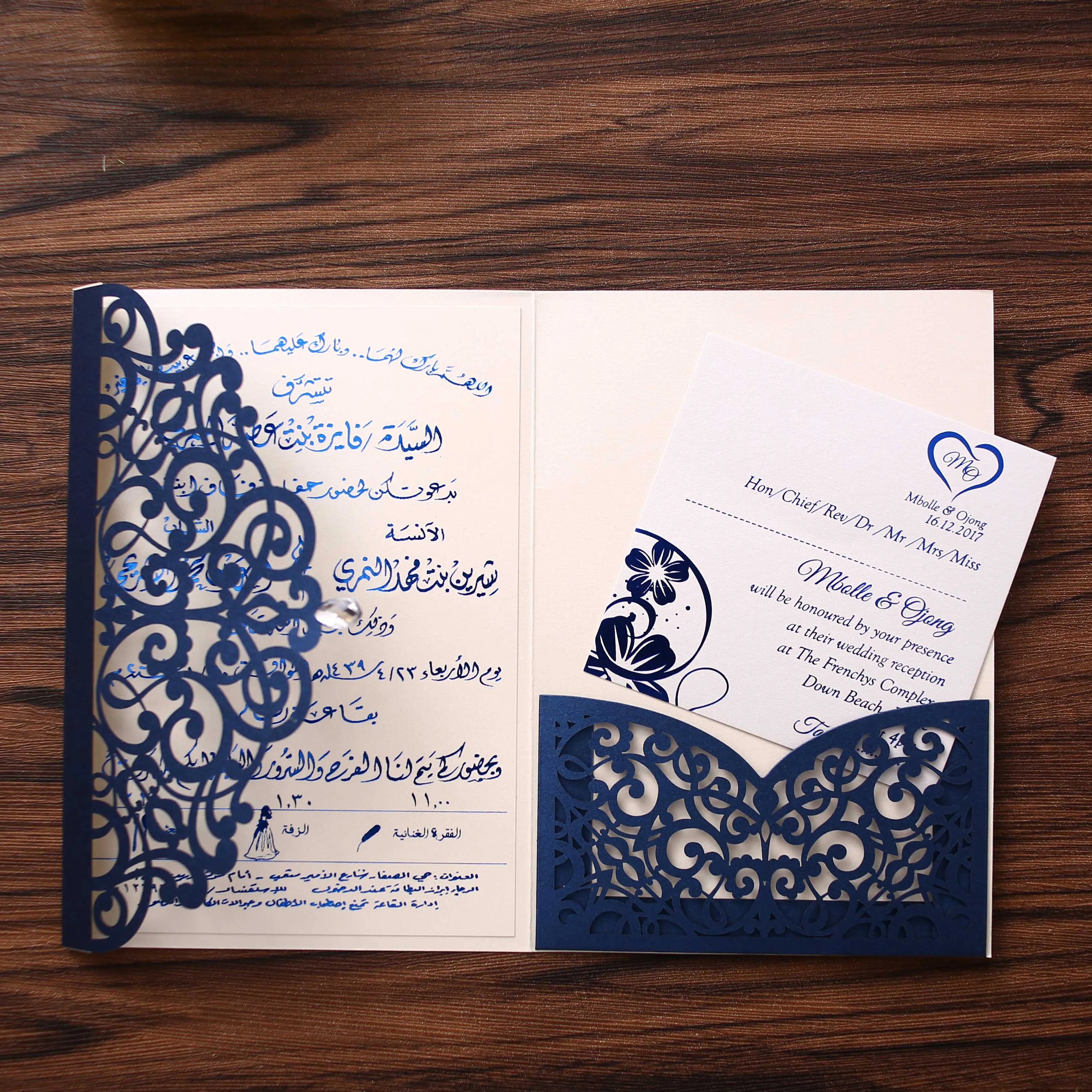 Wholesale Holiday Celebration Navy Blue Shimmer Paper Custom Laser Cut Luxury Party Greeting Gifts Cards Wedding Invitations
