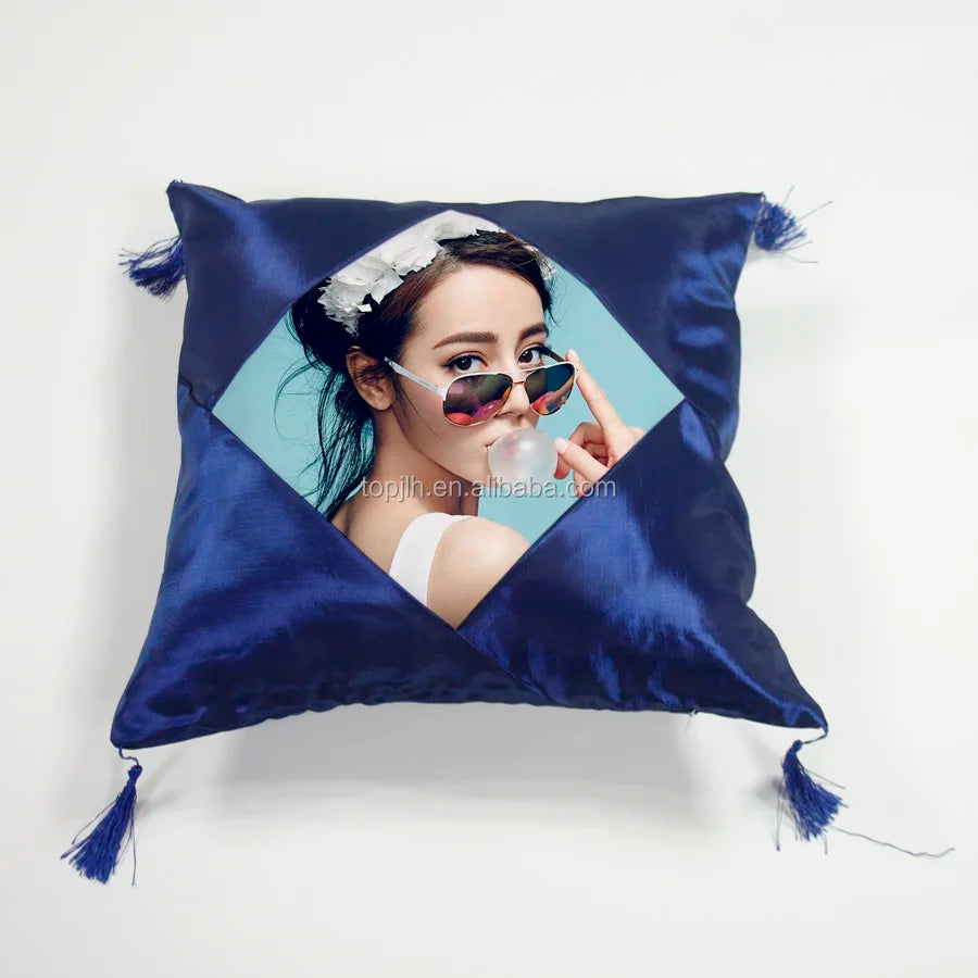 Topjlh Custom Sublimation Satin Pillow Case Dual Sided Printable with Color Block Design & Fringes Perfect Wedding Gift