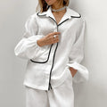 Enyami Women Casual Puff Long Sleeves Tops and Loose Pants Blouse Pants Fashion Streetwear White Cotton Shirt Two Piece Set