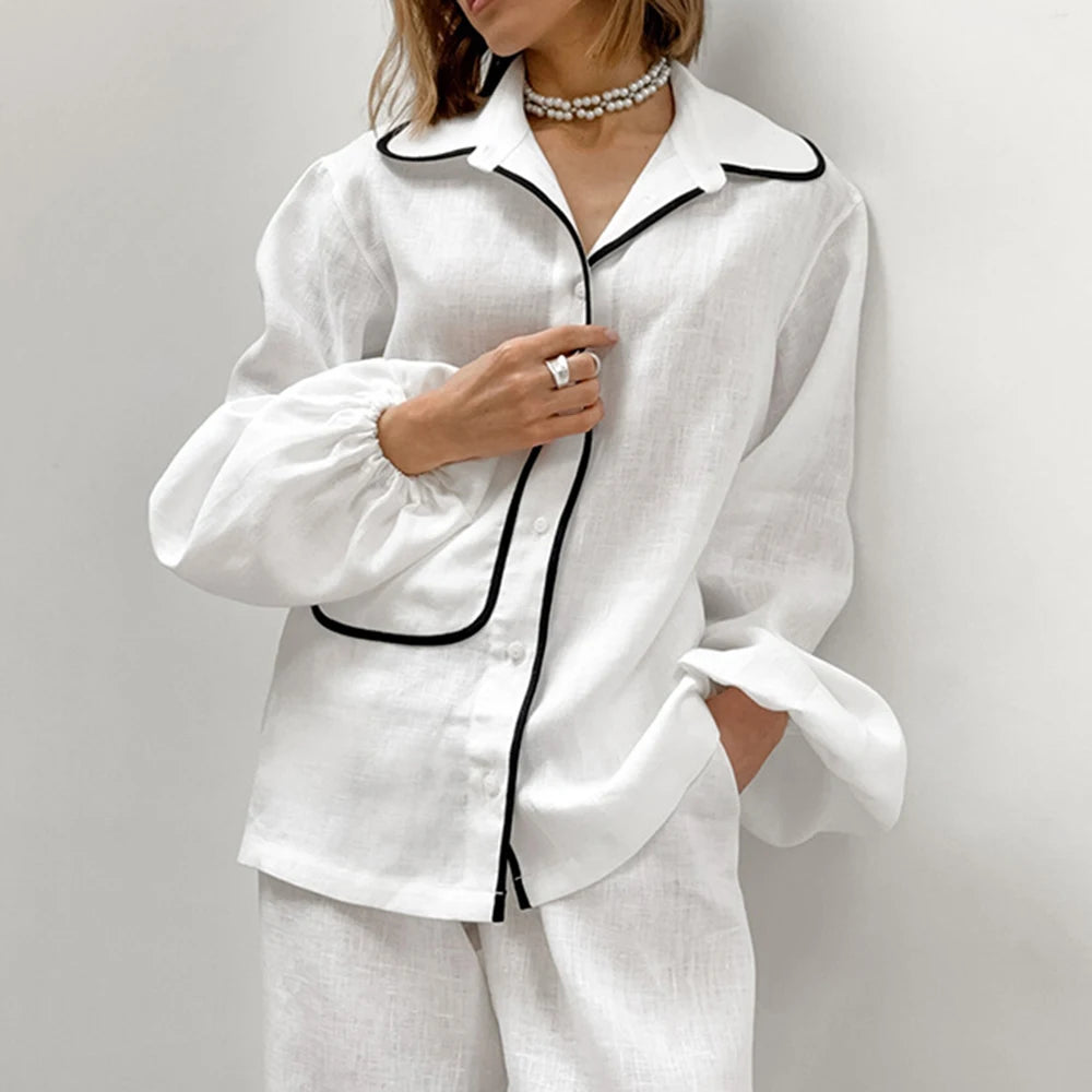 Enyami Women Casual Puff Long Sleeves Tops and Loose Pants Blouse Pants Fashion Streetwear White Cotton Shirt Two Piece Set