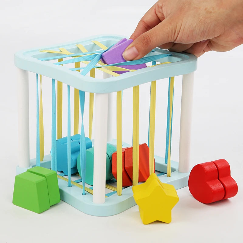 Newly Macaron Color Wooden Activity Matching Box Montessori Beads Threading Geometric Shape Sorting Toys
