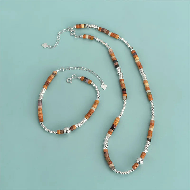 Boho 925 Sterling Silver Round Beads Natural Brown Stone Beaded Bracelet Necklace Set for Women