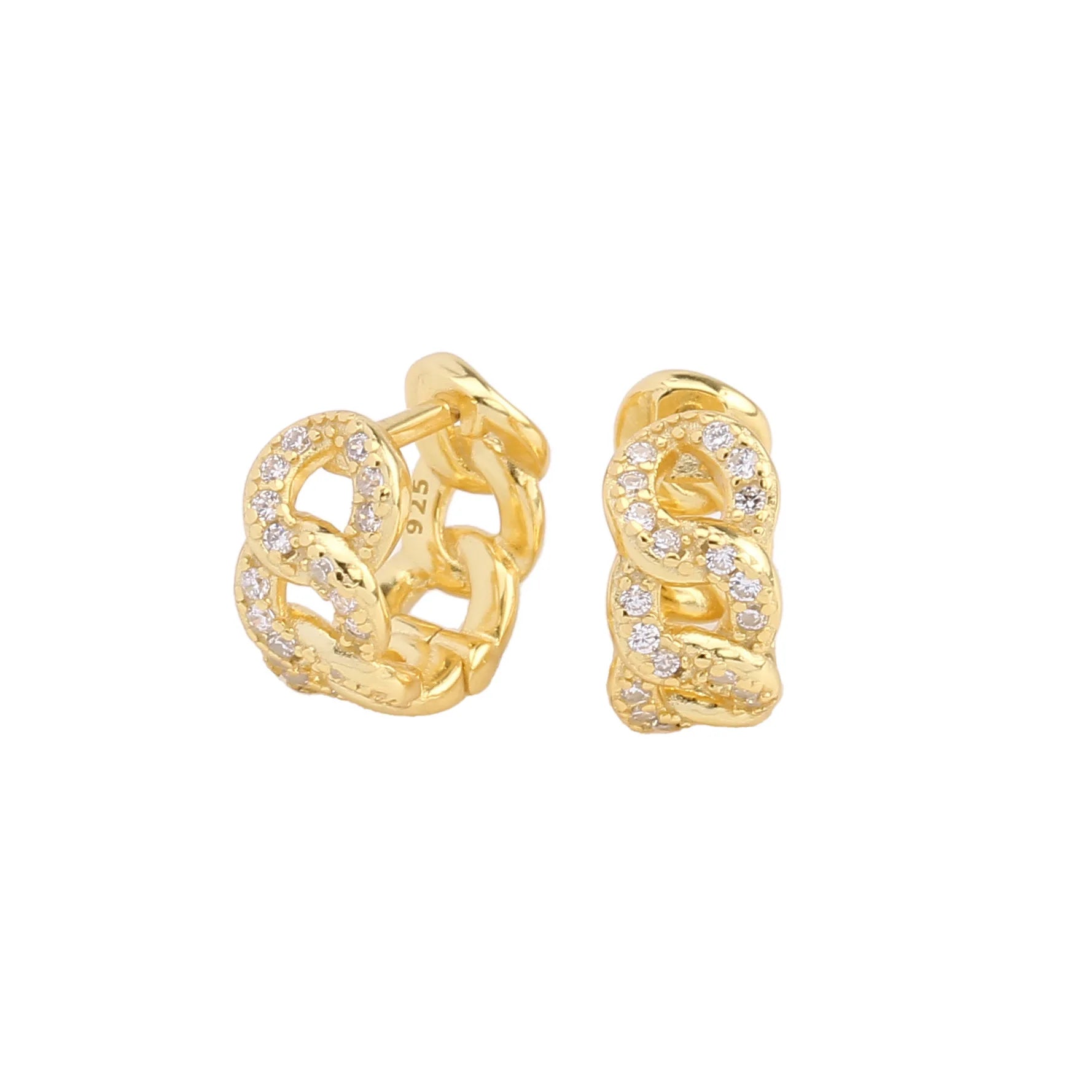 Inlay Cubic Zirconia Rope Link Chain Huggie Women 18k Gold Fine Jewelry 925 Sterling Silver Hoop Earrings