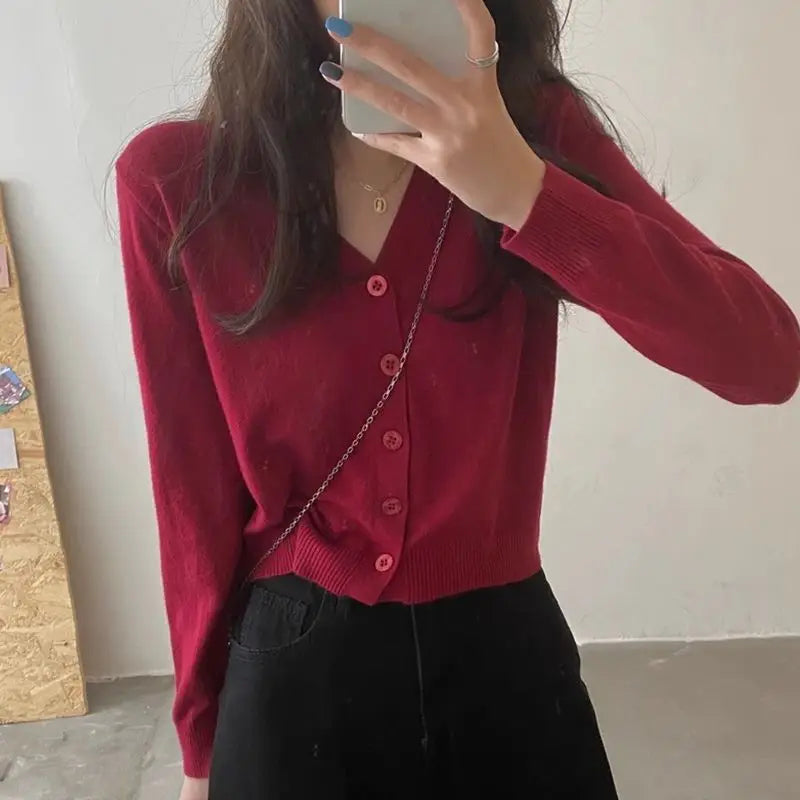 Factory Wholesale Loose Spring and Autumn Cardigan Short High Waist Long Sleeve Short Coat V-neck Knitted Cardigan for Women