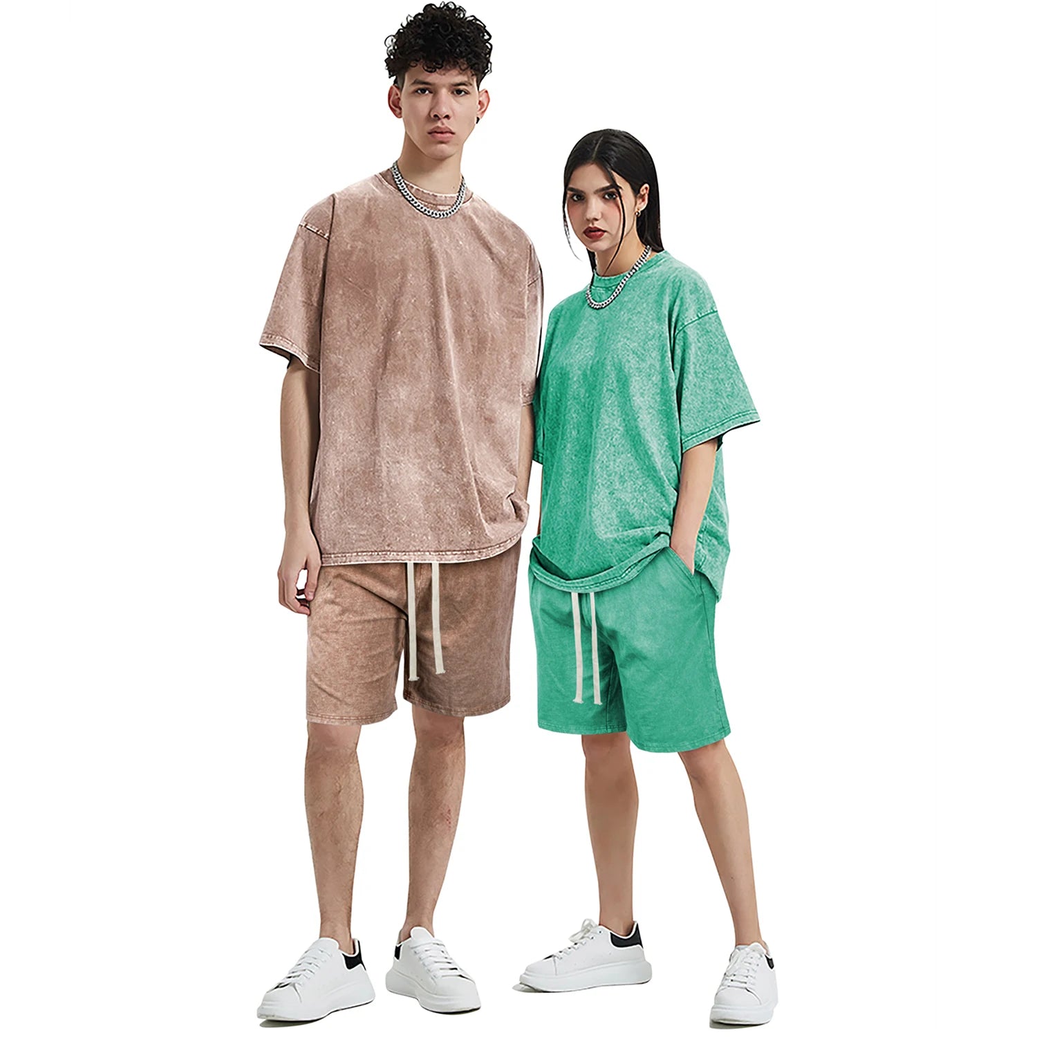2 Pieces Sets 100% Cotton Tops & Shorts 230g Loose Oversize Heavyweight Short Sleeve Retro T Shirt Washed for Men Women Custom