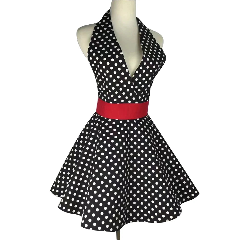 Lovely Sweetheart Retro Apron for Women Red Super Cute Funny Cotton V-Neck Polka Dot Classic Big Wave Apron