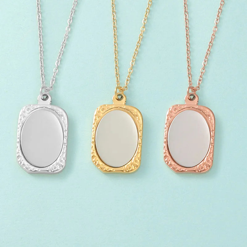 Mirror Stainless Steel Photo Frame Mirror Geometry DIY Smooth Surface Laser Engraved Simple Pendant Necklace