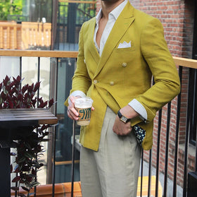 Hemp Lapel Double Breasted Thin Men's Casual Formal Suits Set Solid Color Long Sleeve Slim Men's Suit Jacket