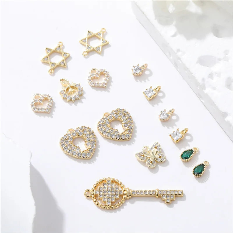 Wholesale Fashion 14K Gold Plated Cubic Zirconia Stone Pendant Heart Hexagram Charms for Necklace Jewelry Making