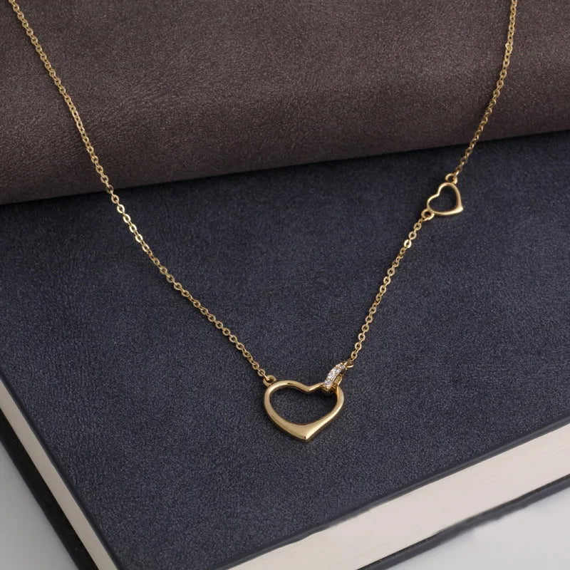 Elegant Double Heart 14K Gold Plated 925 Sterling Silver Pendant Necklace for Women Girls