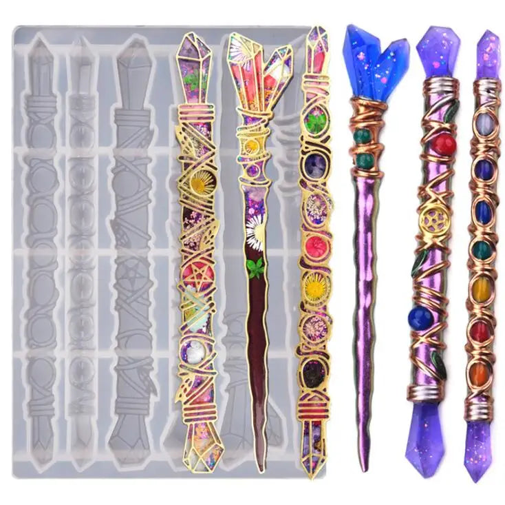HY 6In 1 Magic Wand Hairpin Silicone Molds for DIY Epoxy Resin Gemstaff Sticks