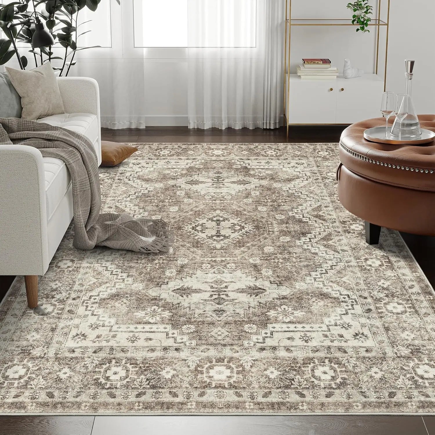 Retro Design Washable Area Carpet with Non-Slip Carpet for Living Room and Bedroom Stain Resistance Machine Washable Carpet
