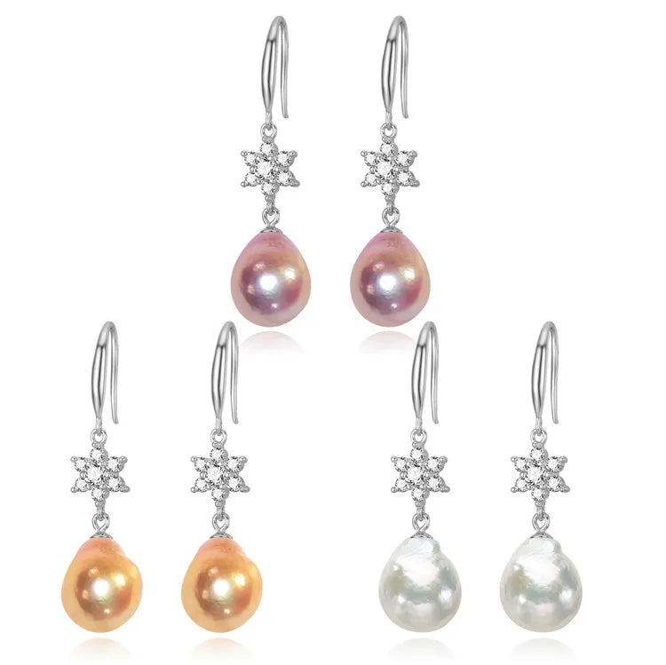 FEIRUN 925 Sterling 10-11mm Baroque Silver Zircon and Freshwater Pearl Earring Wholesale