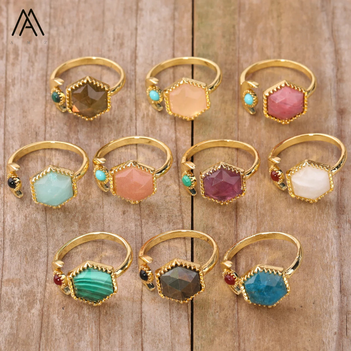 Dainty Rings Healing Chakra Jewelry for Women Hexagon Shape Stone Moon Open Bands Boho Ring Birthday Gifts