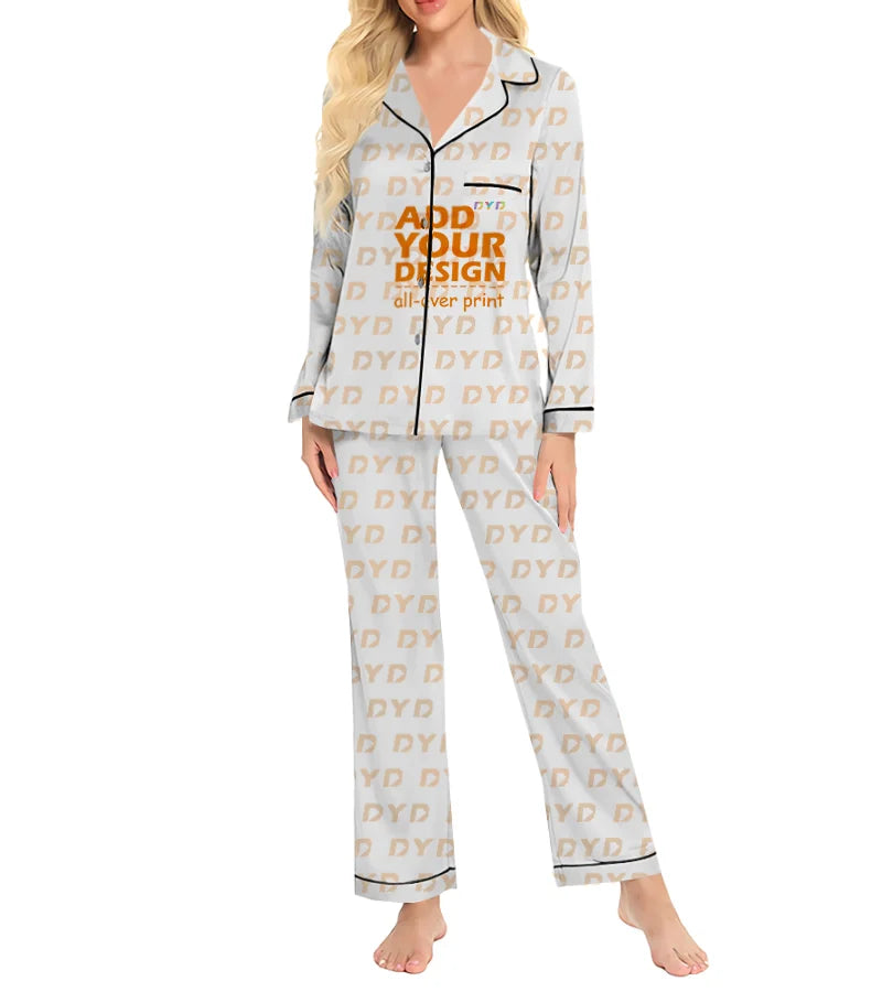 Print on Demand ButtonDesign Lce Silk Ladies Pajamas Suit Two Piece Pyjamas Set for Women