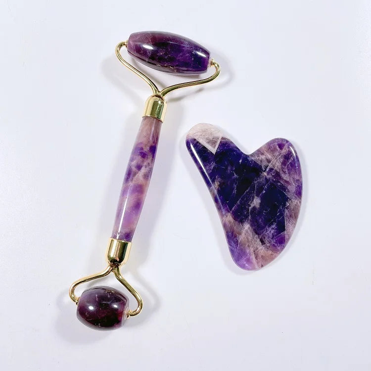 Huiying Natural Double Anti Aging Therapy Amethyst Roller Heart Guasha Tool For Healing & Slimming Kit