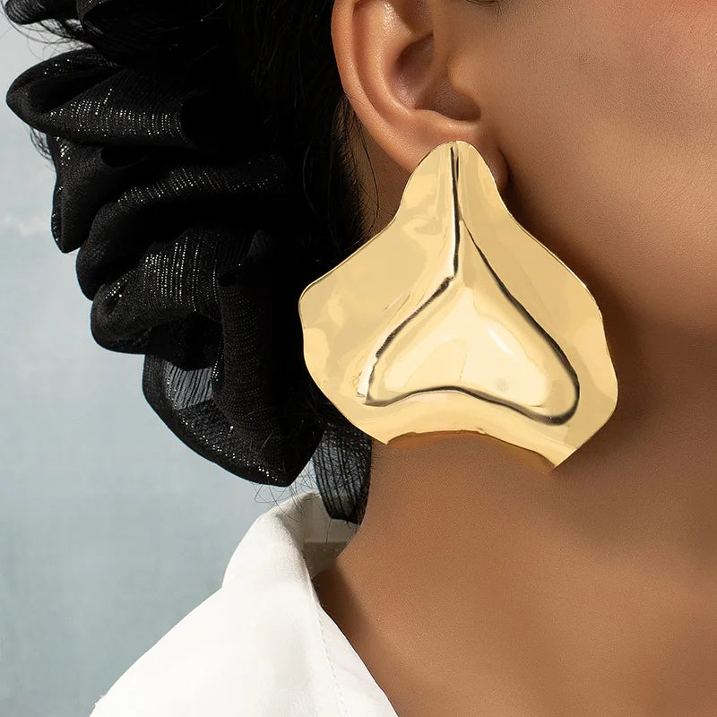 European and American Fashion Simple Geometric Irregular Mirror Large Gold Alloy Metal Leaf Earrings Jewelry for Women