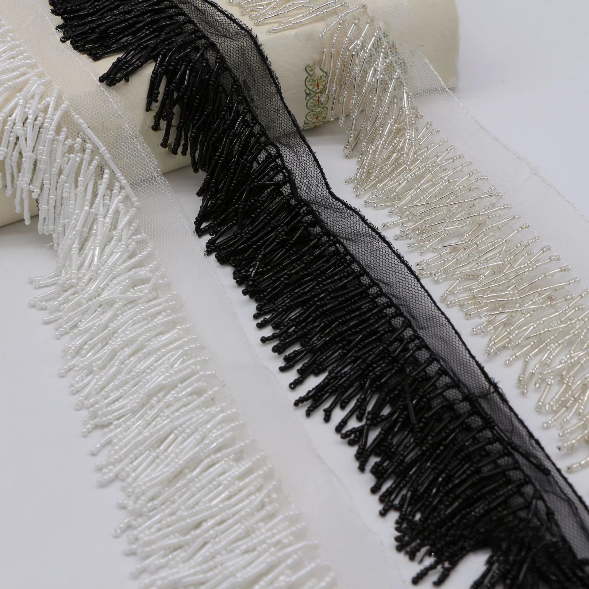 3-Rows Hanging Beads Heavy Tubes Beaded Lace Fabric Skirts Handmade Clothes Black White Beaded Tassel Fringe Edge Lace Trim