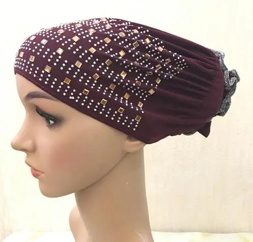 Factory Wholesale Crystal Hemp Inner Cap Hot Rhinestone Africa Headscarf Arab Turban for Muslim People
