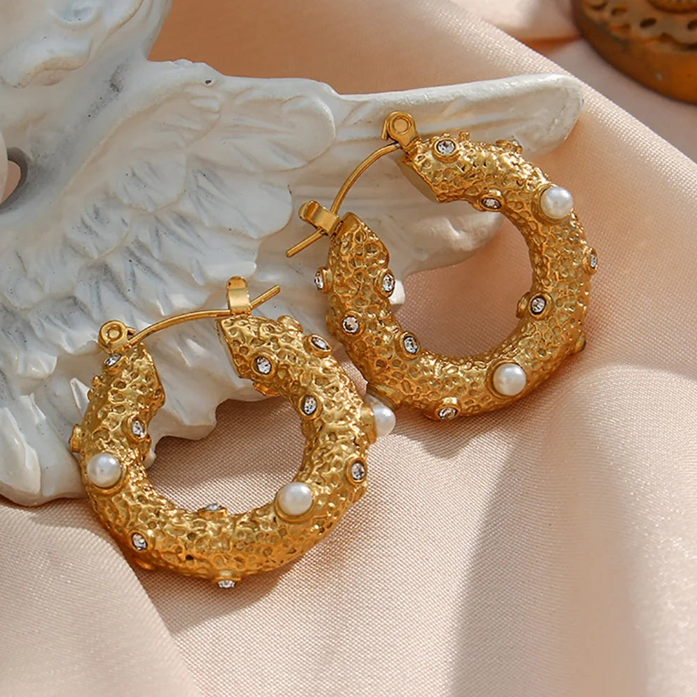 Dreamshow Matte Pearl Cz Bling French Style Gold Plated Stainless Steel Hoop Earring Chunky Hoop Earrings for Women