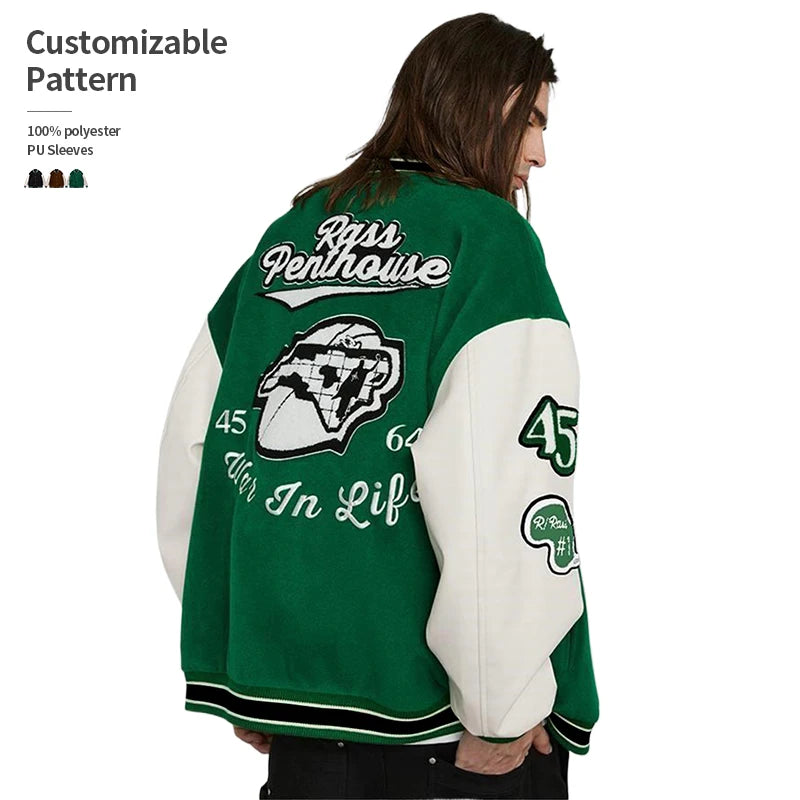 Customizable Pattern Chenille Patch Embroidery Lettering PU Sleeves Streetwear Varsity Baseball Jacket with Stand Collar for Men