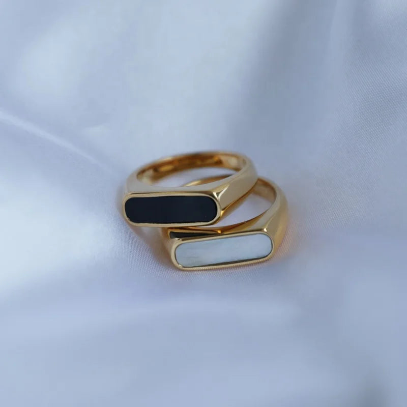 Joolim High End 18K PVD Gold Plated Black White Finger Rings for Women Stainless Steel Shell Jewelry