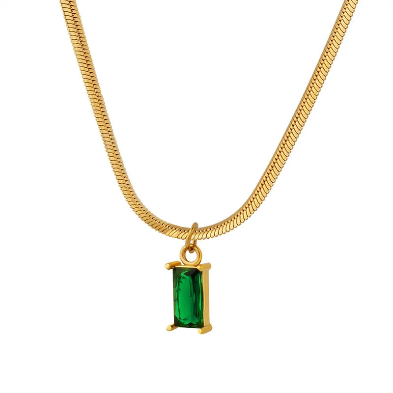 Minimalist Stainless Steel Snake Chain 18K Gold Plated Jewelry Gift Green Cubic Zirconia Square Emerald Pendant Necklace