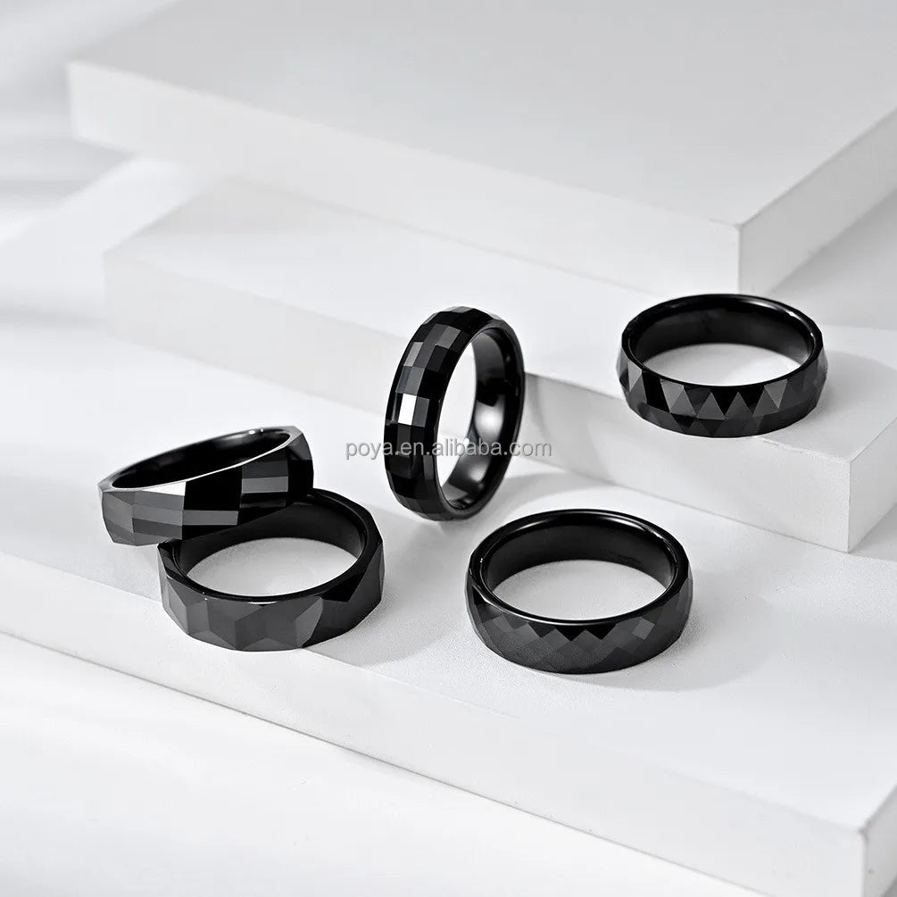 POYA Black Ceramic Ring Jewelry 8mm Faceted Polished Domed Wedding Band for Men Comfort Fit