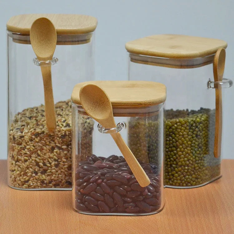 Wholesale Kitchen Glass Spice Jar Bamboo Wooden Lid With Spoon