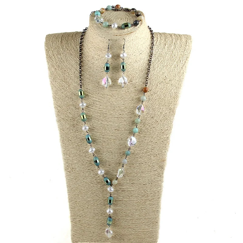 Fashion Bohemian Rosary Chain Crystal Beaded Necklace Bracelet Earring Set Women Festival Gift