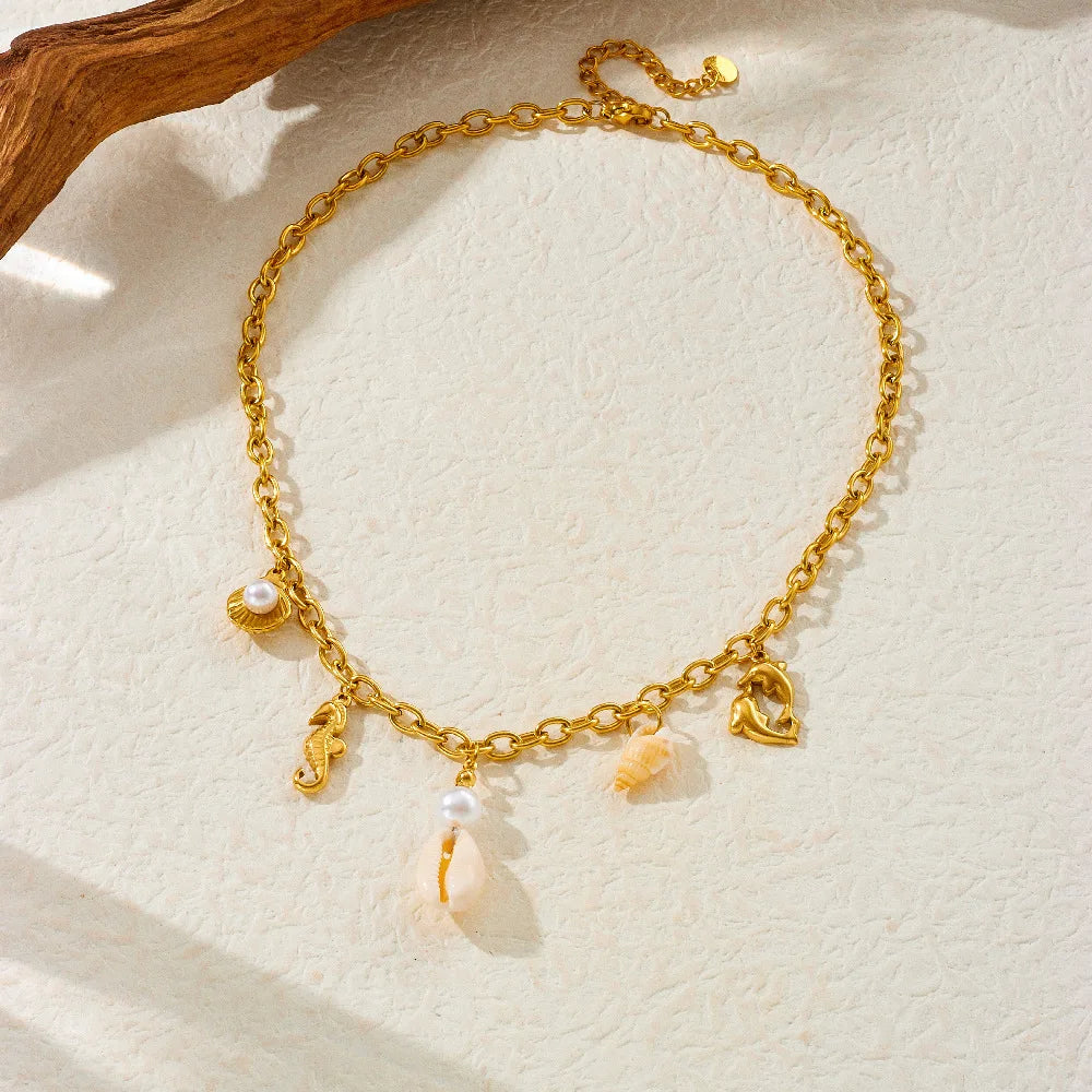 Fashion Personality Ocean Series Chain Necklace Dripping Oil Dolphin Pearl Shell Starfish Stainless Steel Necklace for Women