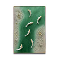 Custom Gold Metal 3D Wall Art Sculpture Fish in Green River Vertical Pattern Silver Frame Hotel Room Decor Hanging Artwork