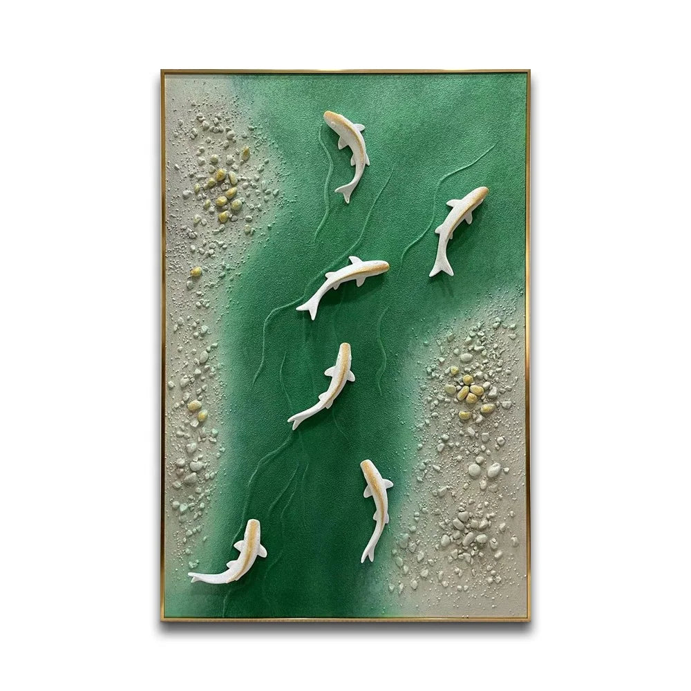 Custom Gold Metal 3D Wall Art Sculpture Fish in Green River Vertical Pattern Silver Frame Hotel Room Decor Hanging Artwork