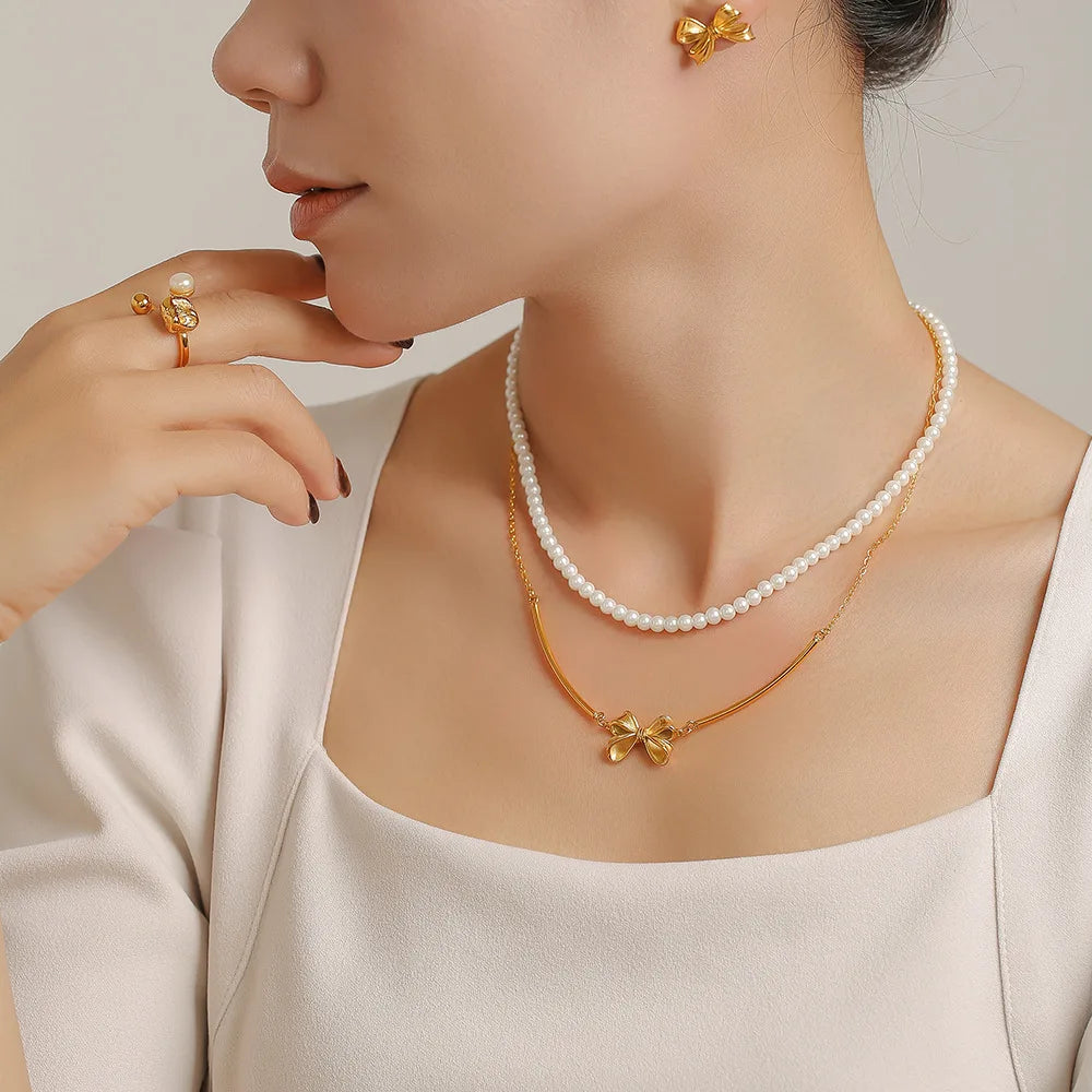 YF3965 Fashion Stainless Steel 18k Gold Plated Waterproof Jewelry Set Retro Bow Earrings Layered Pearl Necklace
