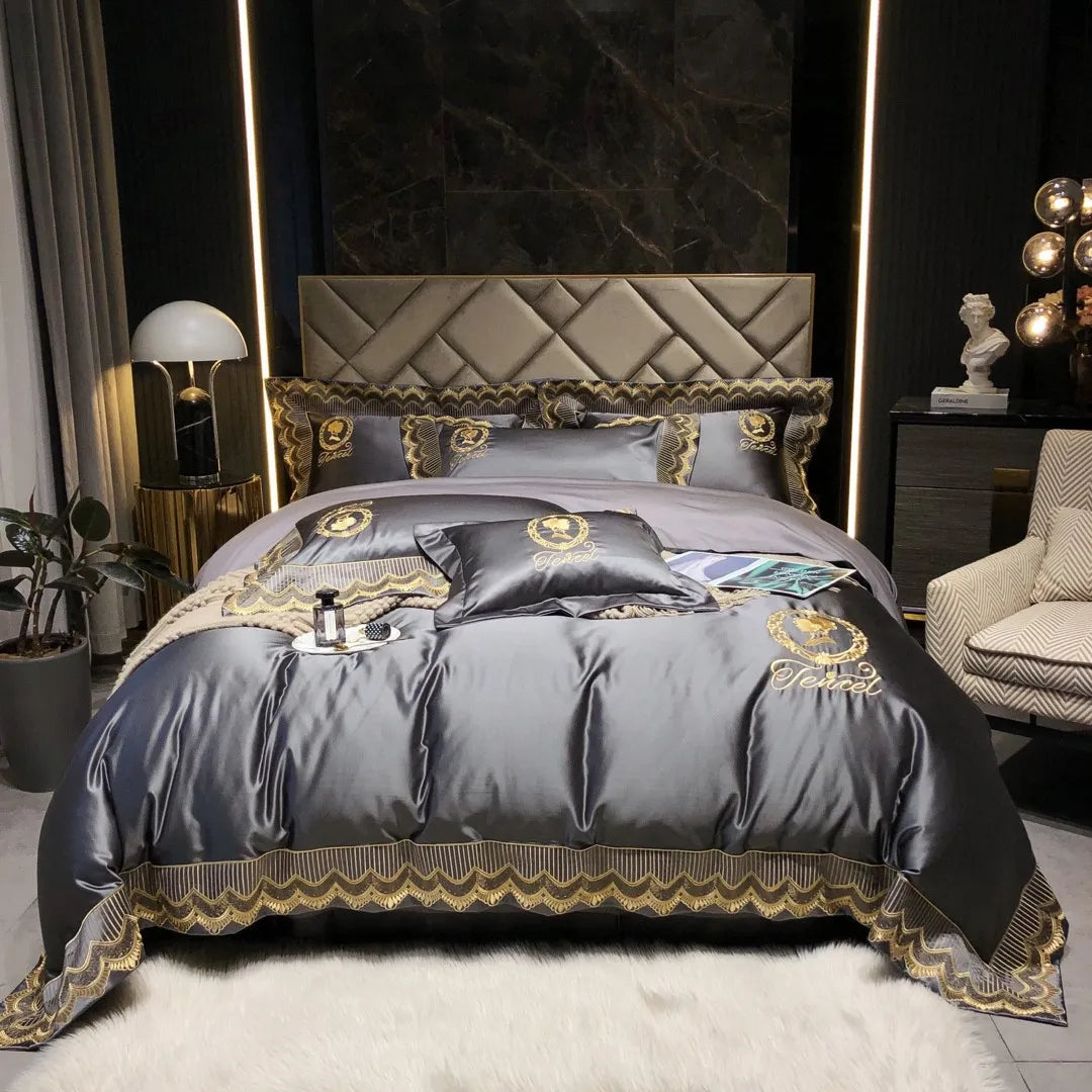ODM/OEM Latest Embroidered Silky Satin Egyptian Cotton Grey Duvet Cover Four-piece Bedding Set