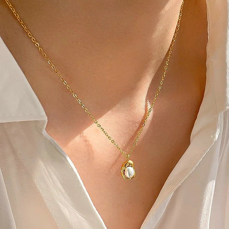 Nabest Stainless Steel Irregular Pendant Necklace Choker with Pearl Women Jewelry Gold Plated Waterproof Vintage Necklace