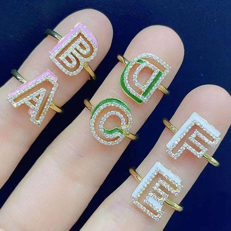 RM1612 Fine Delicate 18k Gold Enamel White Green Pink Diamond Cubic Zirconia CZ Paved Letter Alphabet Initial Adjustable Rings