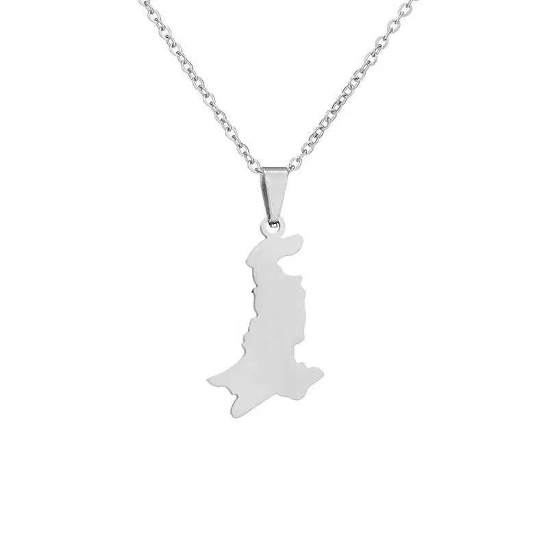 Pakistan Map Pendant Necklaces for Women Gold and Silver Color Pakistani Ethnic Party Engagement Stainless Steel Jewelry