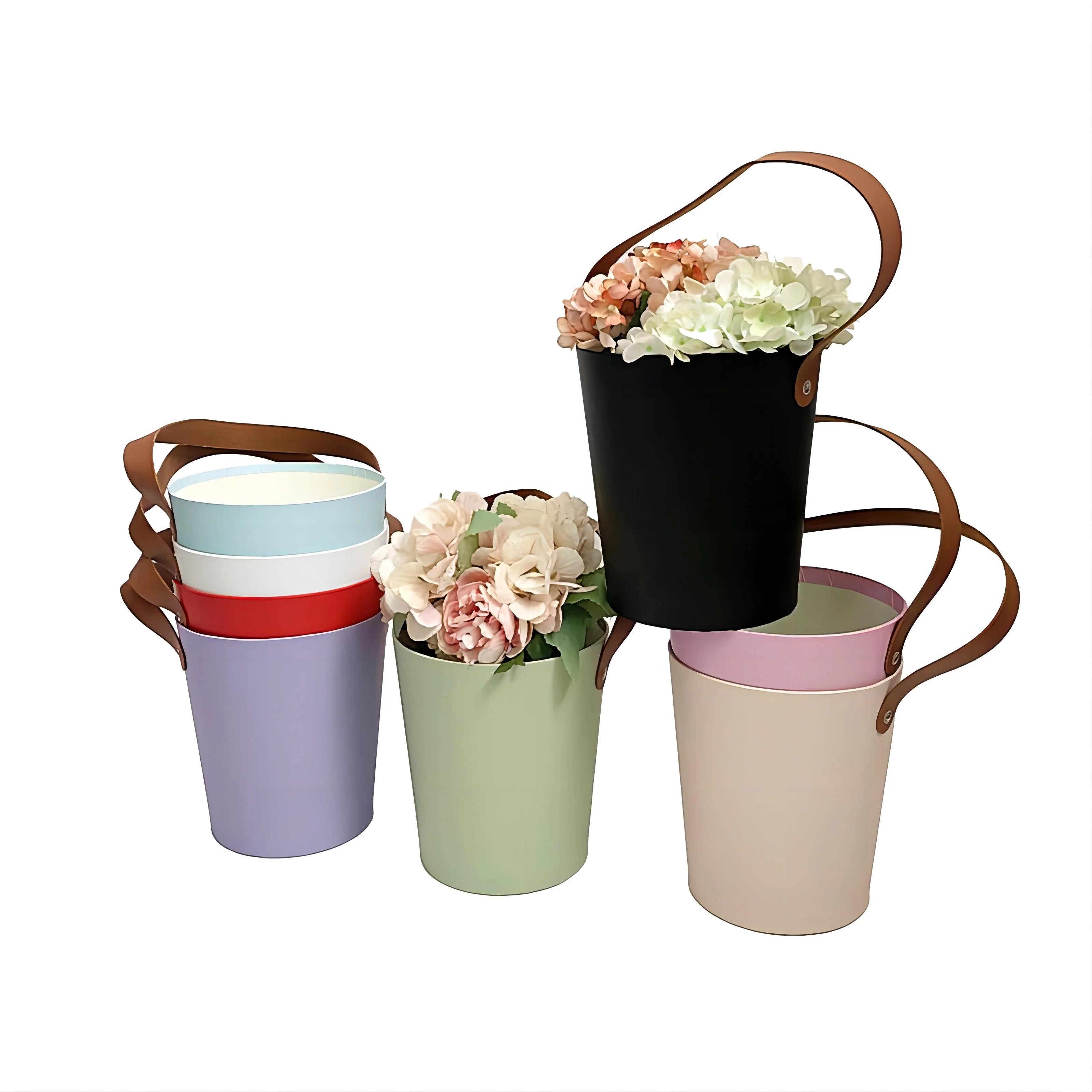 New Macaroon Color Single Small Barrel Fashionable Flower Gift Box with Embossing Print Portable Leather Packaging for Gifts