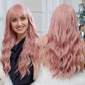 Long Kinky Curl Hair Ladies Wig Light pink With Bangs Artificial Hair Rose Net Matte Synthetic Fiber Wig