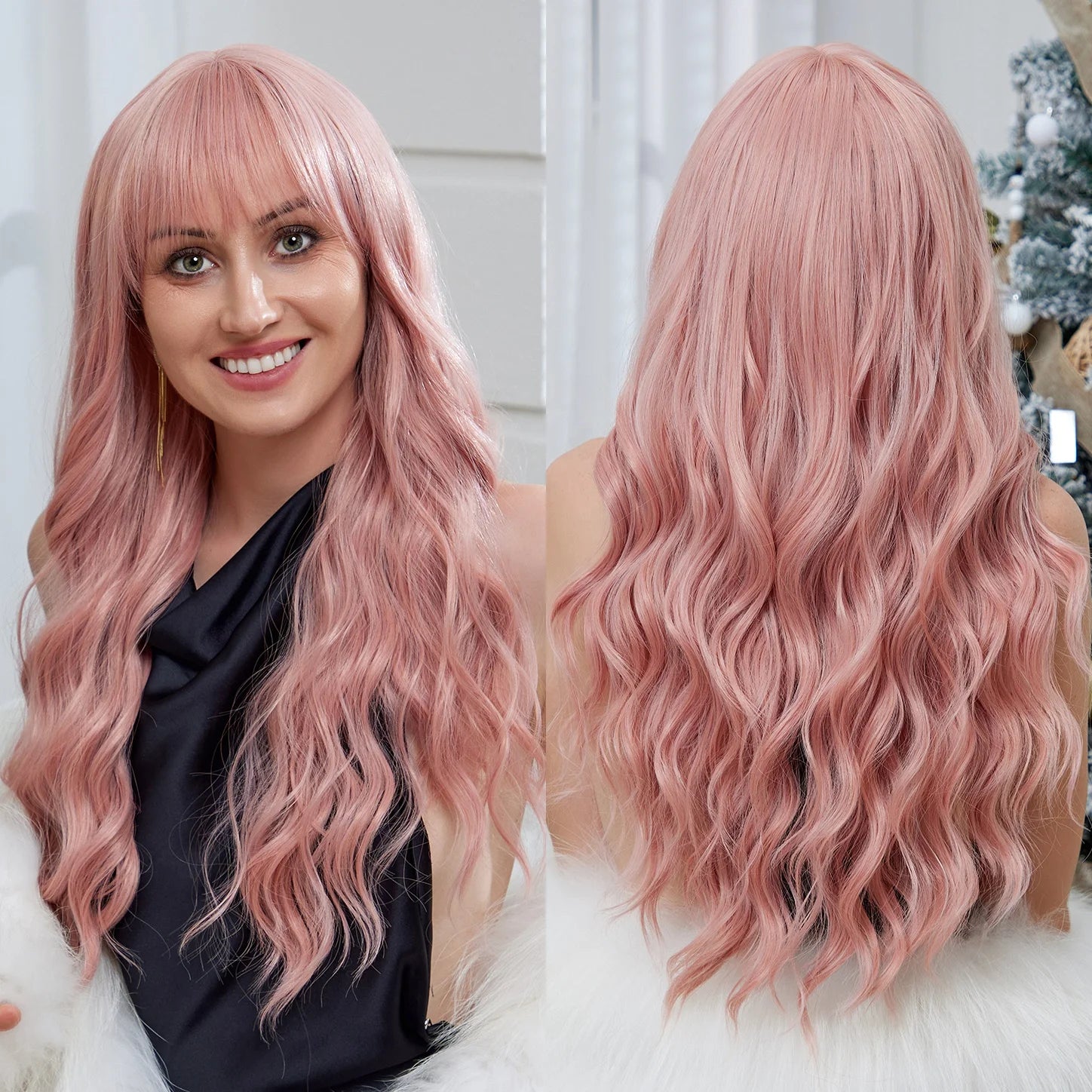 Long Kinky Curl Hair Ladies Wig Light pink With Bangs Artificial Hair Rose Net Matte Synthetic Fiber Wig