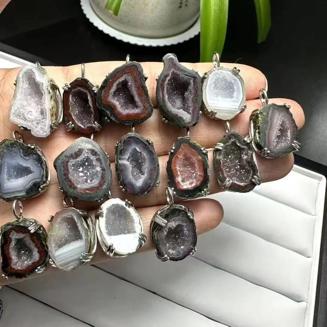 Trendy Natural Quartz Crystal Handmade 925 Sterling Silver Mexico Druzy Agate Geode Charm Pendants for  Energy Purification