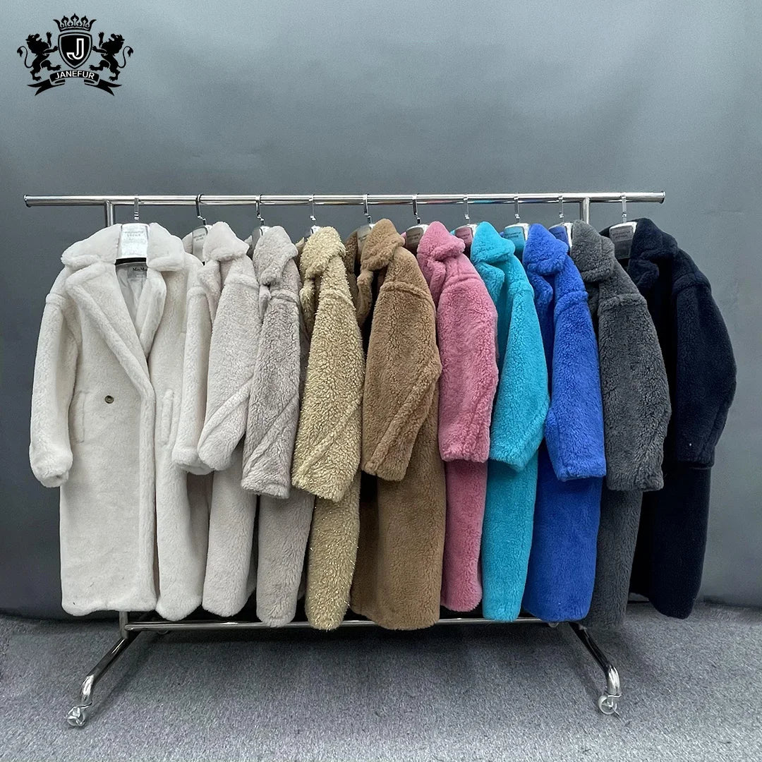 Janefur Wholesale Custom Oversize Teddy Bear Fur Coat Women /Sheep Shearling Jacket Plus Size Long Real Fur Teddy Coat Women