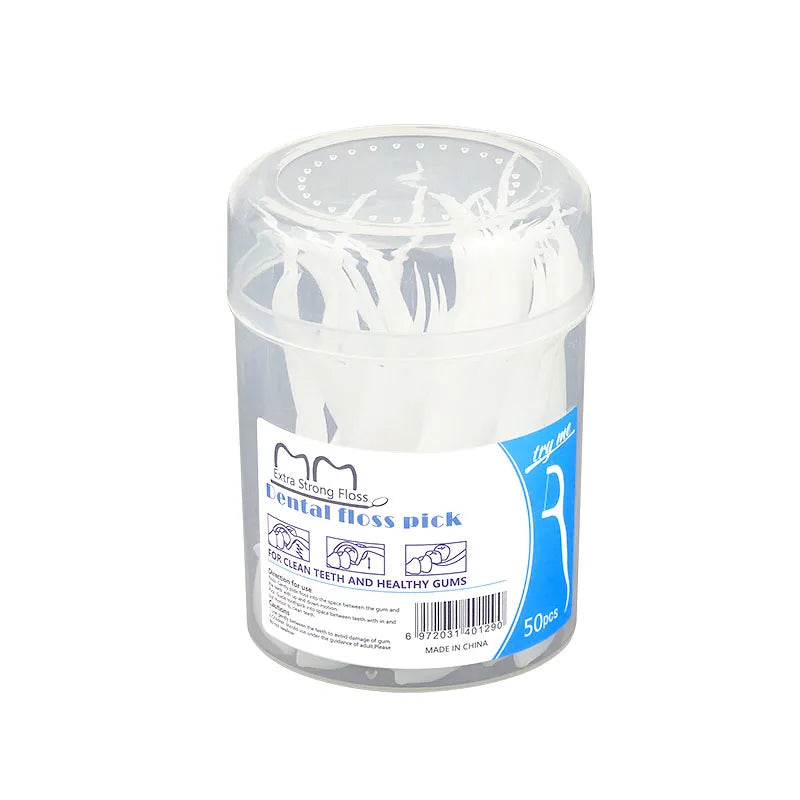 Private Label Vegan Unwaxed Toothpick Dental Flosser Round Container Packaging with Clean Interdental Brush Feature